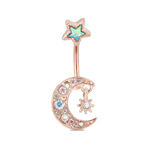 Homxi Bauchnabelpiercing für Damen Bauchnabelpiercing Edelstahl,Stern und Mond Bunt Zirkon Bauchnabelpiercing für Damen aus Rosegold von Homxi