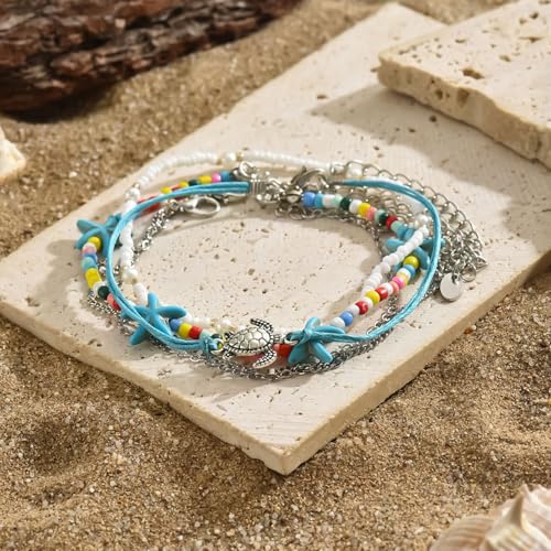 Homxi Blau Weiß Silber Fuß Kette Damen, Frauen Fusskette Legierung Mehrlagige Kette mit Seestern und Schildkröte - 21.5cm + 6.5cm Verlängerungskette von Homxi