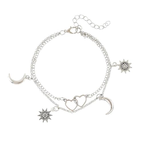 Homxi Damen Fusskette Silber, Frauen Fußkette Legierung Doppelte Kette mit Herz und Sonne Mond - 21cm + 7cm Verlängerungskette von Homxi