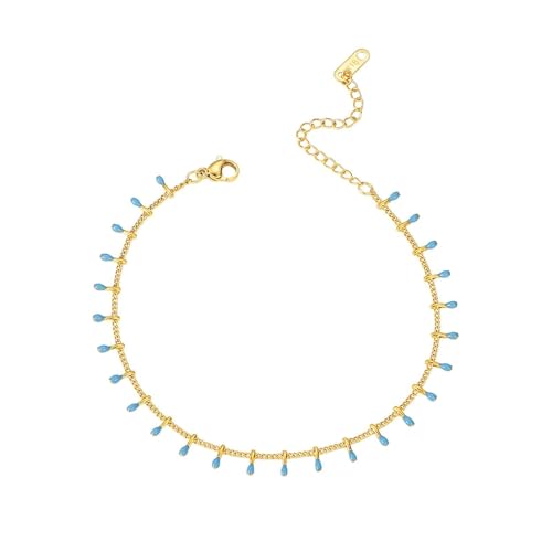 Homxi Damen Fußkette Sommer Gold Blau, Fusskette Damen Edelstahl Kette mit Öl Tropfen - 20cm + 5cm Verlängerungskette von Homxi