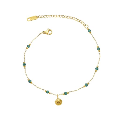 Homxi Damen Fußkette Sommer Gold Grün, Fußketten Damen Edelstahl Perlen mit Schale - 20cm + 5cm Verlängerungskette von Homxi
