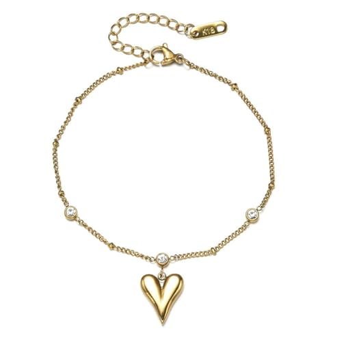 Homxi Damen Fußkette Strand Gold, Fußkette Frauen Edelstahl Herzform mit Zirkonia - 20cm + 5cm Verlängerungskette von Homxi