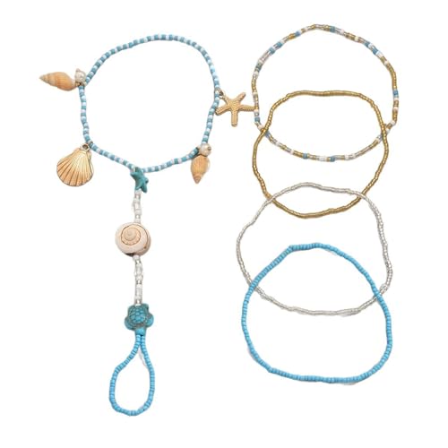 Homxi Damen Fußketten Strand Blau Silber Gold, Fuß Kette Legierung Damen Muschel und Seestern Perlenkette - 20cm von Homxi
