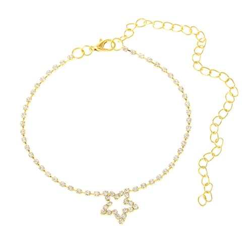 Homxi Damen Fußketten Strand Gold, Fußkette Frauen Kupfer Hohlstern mit Zirkonia - 23cm + 10cm Verlängerungskette von Homxi