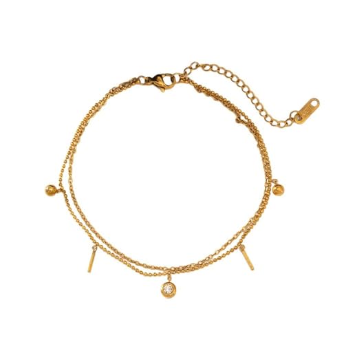 Homxi Damen Gold Fusskette, Fussketten Damen Edelstahl Doppellagige Kette mit Zirkonia - 20cm + 5cm Verlängerungskette von Homxi
