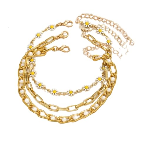Homxi Damen Gold Sommer Fußkette, Damen Fuß Kette Kupfer 3 Stücke mit Blume - 22.5cm + 7cm Verlängerungskette von Homxi