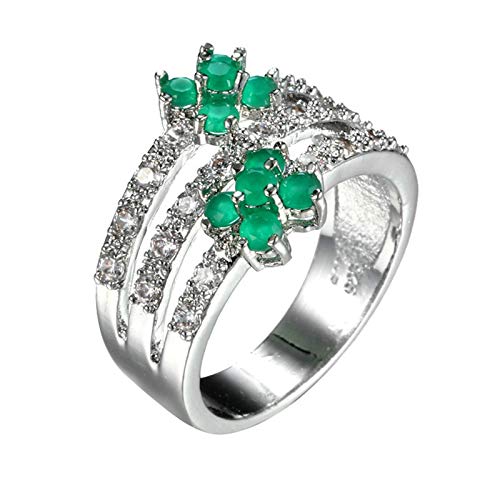 Homxi Damen Ring Verlobung,Dreireihige Blumen mit Grün Zirkonia Ring Set Versilbert Grün Größe 57(18.1) von Homxi