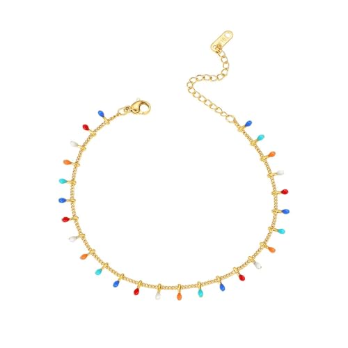 Homxi Damen Sommer Fußketten Bunt Gold, Fuß Kette Edelstahl Frauen Kette mit Öl Tropfen - 20cm + 5cm Verlängerungskette von Homxi