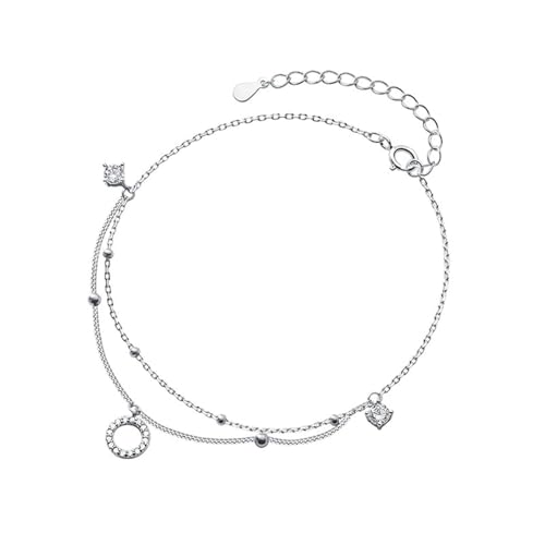Homxi Damen Strand Fußkette Silber, Fuß Kette Damen Kupfer Doppelschichtiger Kreis mit Kubischem Zirkonia - 20cm + 5cm Verlängerungskette von Homxi
