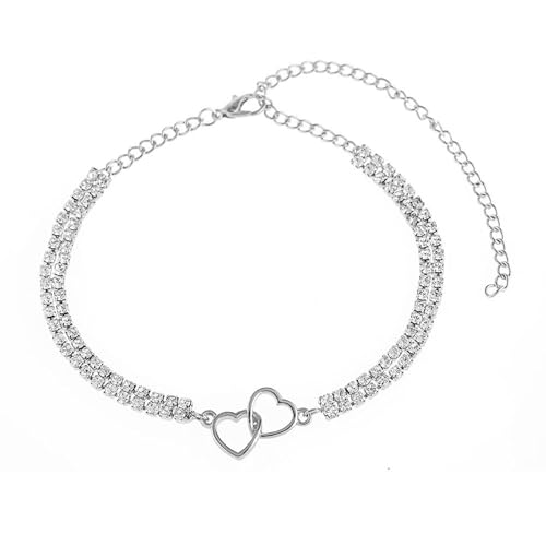 Homxi Damen Strand Fußketten Silber, Fuß Ketten Frauen Kupfer Hohles Doppelherz mit Zirkonia - 22.5cm + 10cm Verlängerungskette von Homxi