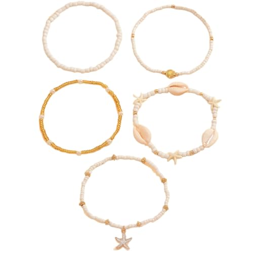 Homxi Damen Weiß Gold Fußkette, Fusskette Damen Legierung Perlenkette mit Seestern und Muschel - 25cm von Homxi