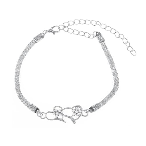 Homxi Frauen Fuß Kette Silber, Fusskette Frauen Legierung Doppelte Herz und Blume mit Zirkonia - 21.2cm + 10cm Verlängerungskette von Homxi