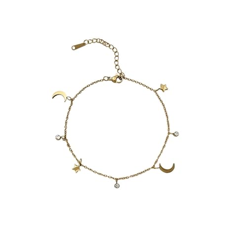 Homxi Frauen Fußkette Gold, Fußkette Edelstahl Frauen Mond und Stern mit Zirkonia - 21cm + 5cm Verlängerungskette von Homxi