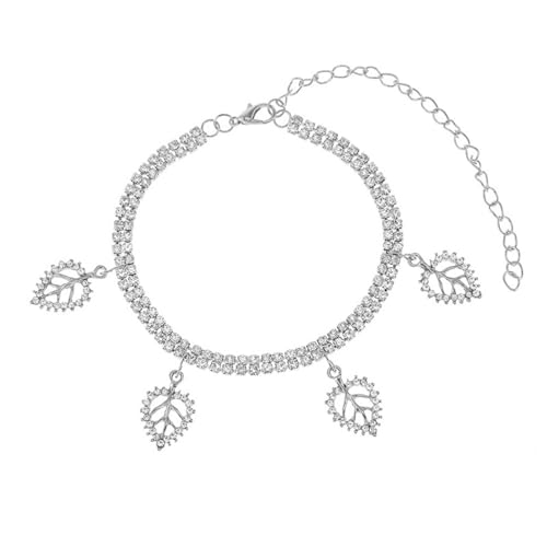 Homxi Frauen Fußkette Sommer Silber, Fußkette Damen Legierung Doppelreihige Zirkonia mit Blatt - 21.5cm + 10cm Verlängerungskette von Homxi