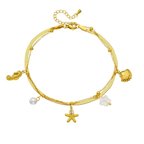 Homxi Frauen Fußketten Gold, Frauen Fußkette Edelstahl Doppellagige Kette mit Muschel Seestern - 21.3cm + 5.5cm Verlängerungskette von Homxi