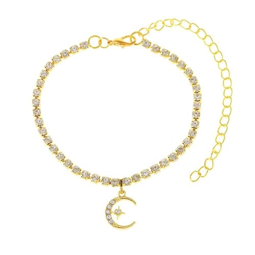 Homxi Frauen Gold Fuß Kette, Fusskette Legierung Frauen Stern Mond mit Zirkonia - 21.2cm + 10cm Verlängerungskette von Homxi
