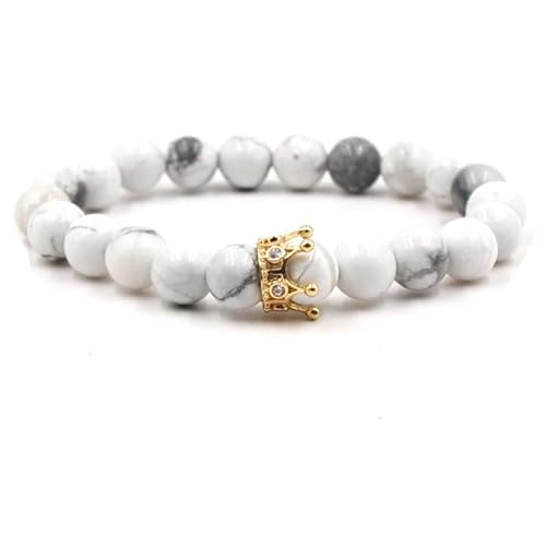 Homxi Frauen Männer Armband Perlen Naturstein,Beads Armband Herren 8MM Perlen mit Krone Naturstein Armband Mädchen Perlen Weiß Gold von Homxi