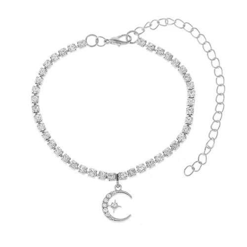 Homxi Frauen Silber Fusskette, Fusskette Frauen Legierung Stern Mond mit Zirkonia - 21.2cm + 10cm Verlängerungskette von Homxi