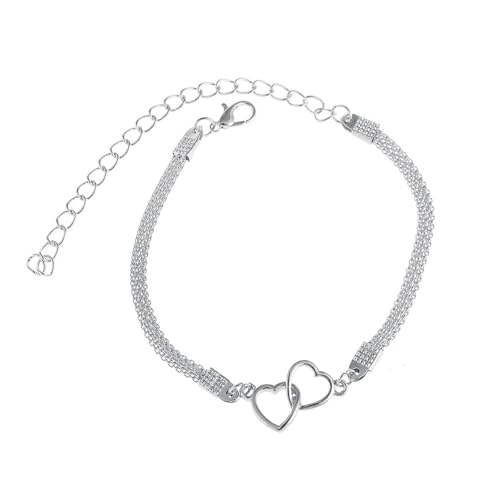 Homxi Frauen Sommer Fußkette Silber, Fuß Kette Legierung Frauen Hohles Doppelherz - 20cm + 9.5cm Verlängerungskette von Homxi