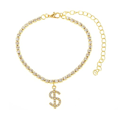 Homxi Frauen Sommer Fußketten Gold, Damen Fußkette Kupfer Dollarzeichen mit Zirkonia - 21cm + 10cm Verlängerungskette von Homxi