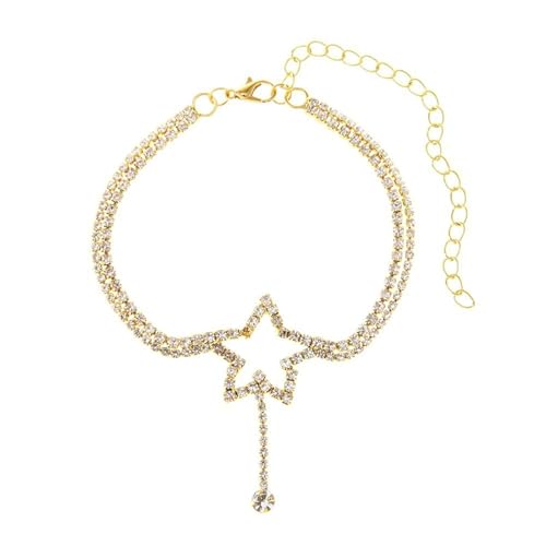 Homxi Frauen Strand Fußkette Gold, Fußkette Damen Legierung Doppellagige Kette und Hohler Stern mit Zirkonia - 20.7cm + 10cm Verlängerungskette von Homxi