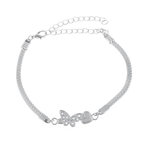 Homxi Frauen Strand Fußketten Silber, Fuß Kette Legierung Frauen Schmetterling mit Zirkonia und Herz - 21.2cm + 10cm Verlängerungskette von Homxi