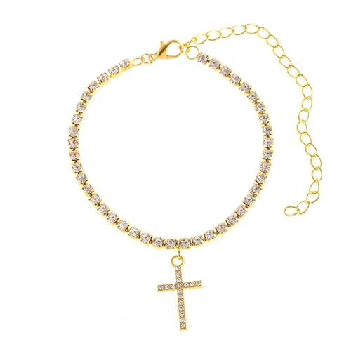 Homxi Fuß Kette Gold für Damen, Fussketten Frauen Legierung Kreuz mit Zirkonia - 21cm + 10cm Verlängerungskette von Homxi