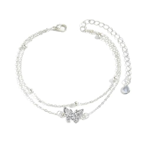 Homxi Fuß Kette Silber Damen, Fusskette Kupfer Frauen Doppelkette mit Schmetterling Zirkonia - 20cm + 7cm Verlängerungskette von Homxi