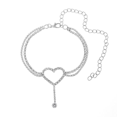Homxi Fußkette Silber Frauen, Damen Fuß Kette Legierung Doppelschicht und Hohles Herz mit Zirkonia - 19.5cm + 10cm Verlängerungskette von Homxi