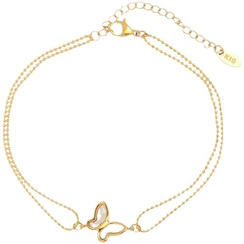 Homxi Fußkette Sommer Gold Frauen, Fußkette Edelstahl Damen Doppelschicht mit Schmetterling - 19.5cm + 5cm Verlängerungskette von Homxi