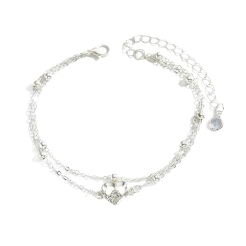 Homxi Fußkette Sommer Silber Damen, Fuß Ketten Frauen Legierung Doppelte Kette mit Herz - 20cm + 7cm Verlängerungskette von Homxi