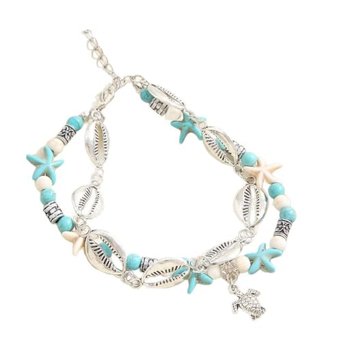 Homxi Fußkette Sommer Silber Türkis für Frauen, Frauen Fußkette Legierung Muschel und Seesternkette mit Schildkröte - 23cm + 7cm Verlängerungskette von Homxi