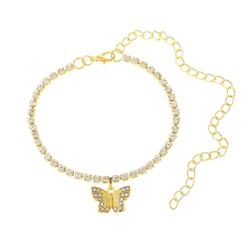 Homxi Fußkette Strand Gold Damen, Fusskette Kupfer Damen Schmetterling mit Zirkonia - 21.5cm + 10cm Verlängerungskette von Homxi