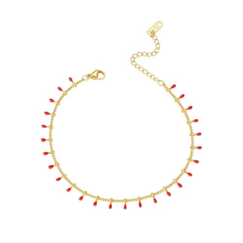 Homxi Fußkette Strand Rot Gold Frauen, Fuß Kette Frauen Edelstahl Kette mit Öl Tropfen - 20cm + 5cm Verlängerungskette von Homxi