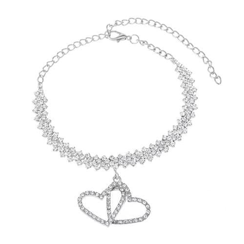 Homxi Fußkette Strand Silber für Frauen, Fuß Ketten Frauen Kupfer Hohles Doppelherz mit Zirkonia - 20.2cm + 10cm Verlängerungskette von Homxi