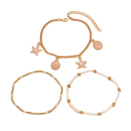 Homxi Fußkette Strand Weiß Gold für Frauen, Fuß Kette Frauen Legierung Muschel und Seestern - 21cm + 7cm Verlängerungskette von Homxi