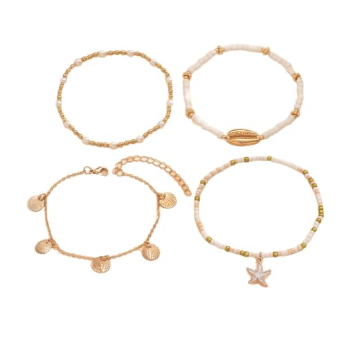 Homxi Fußkette Weiß Gold für Damen, Frauen Fuß Kette Legierung Perlenkette mit Panzerschildkröte und Seestern - 20cm + 6cm Verlängerungskette von Homxi