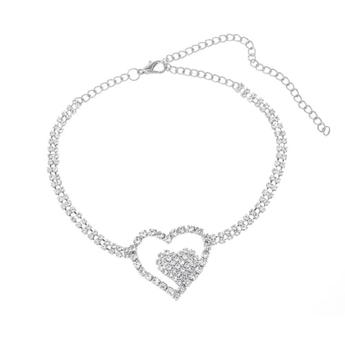 Homxi Fußketten Silber für Frauen, Fussketten Damen Legierung Doppelreihige Zirkonia mit Herz - 23.5cm + 10cm Verlängerungskette von Homxi