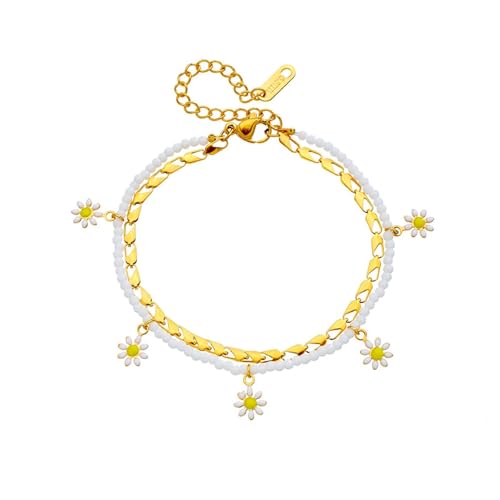 Homxi Fußketten Sommer Gold Damen, Fußketten Damen Edelstahl Doppelte Kette mit Blume - 17cm + 6.5cm Verlängerungskette von Homxi