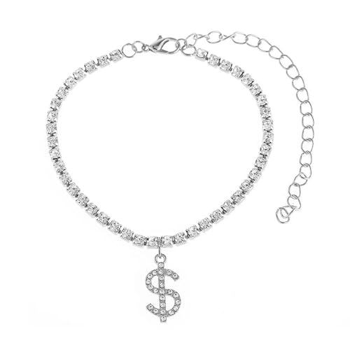 Homxi Fußketten Sommer Silber für Frauen, Fussketten Damen Kupfer Dollarzeichen mit Zirkonia - 21cm + 10cm Verlängerungskette von Homxi