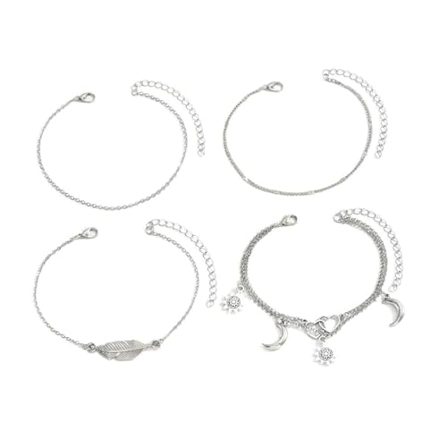 Homxi Fußketten Strand Silber für Damen, Damen Fusskette Legierung Mehrlagige Ketten mit Mondherz und Blatt - 19cm + 7cm Verlängerungskette von Homxi