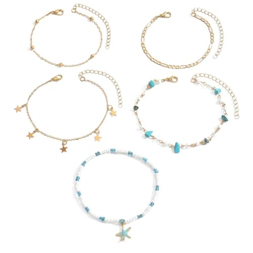 Homxi Gold Fußkette Sommer für Damen, Fusskette Legierung Damen Kette mit Stern und Seestern - 18cm + 7.5cm Verlängerungskette von Homxi