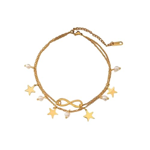 Homxi Gold Fußkette Strand Frauen, Damen Fußkette Edelstahl Doppellagige Kette mit Unendlichkeit Stern - 20cm + 5cm Verlängerungskette von Homxi