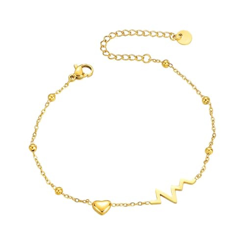 Homxi Gold Fußkette Strand Frauen, Fuß Kette Frauen Edelstahl Herz und Elektrokardiogramm - 19cm + 5cm Verlängerungskette von Homxi