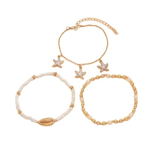 Homxi Gold Fußkette Strand für Damen, Fuß Kette Damen Legierung 3 Stücke mit Muschel und Seestern - 20.5cm + 7cm Verlängerungskette von Homxi