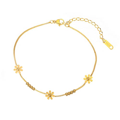 Homxi Gold Fusskette für Damen, Fuß Ketten Damen Edelstahl Blumen und Perlen - 20cm + 5cm Verlängerungskette von Homxi