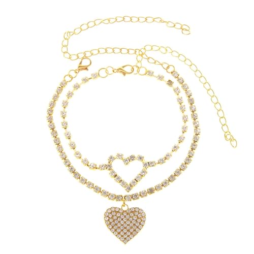 Homxi Gold Sommer Fußkette für Damen, Fußketten Damen Kupfer Doppellagiges Hohles Herz mit Zirkonia - 20.5cm + 10cm Verlängerungskette von Homxi