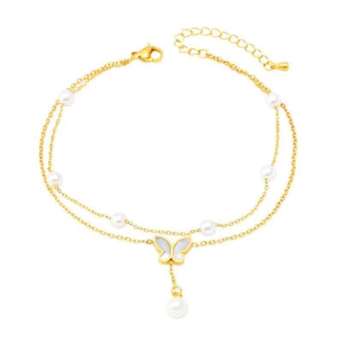 Homxi Gold Sommer Fußkette für Frauen, Fußkette Damen Edelstahl Doppelkette mit Perle und Schmetterling - 20cm + 5cm Verlängerungskette von Homxi