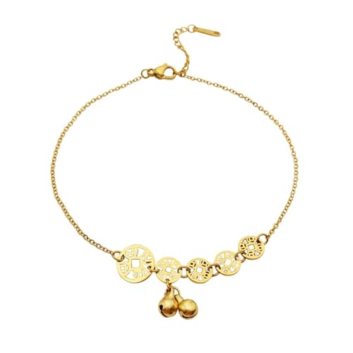 Homxi Gold Strand Fußkette für Damen, Fussketten Frauen Edelstahl Münzen und Glocken - 20cm + 5cm Verlängerungskette von Homxi