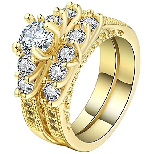 Homxi Goldener Ring Damen,Ring Set mit 4 Zinken Rund Zirkonia Gold Kupfer Ring Damen Engagement Trauringe Größe 54 (17.2) von Homxi